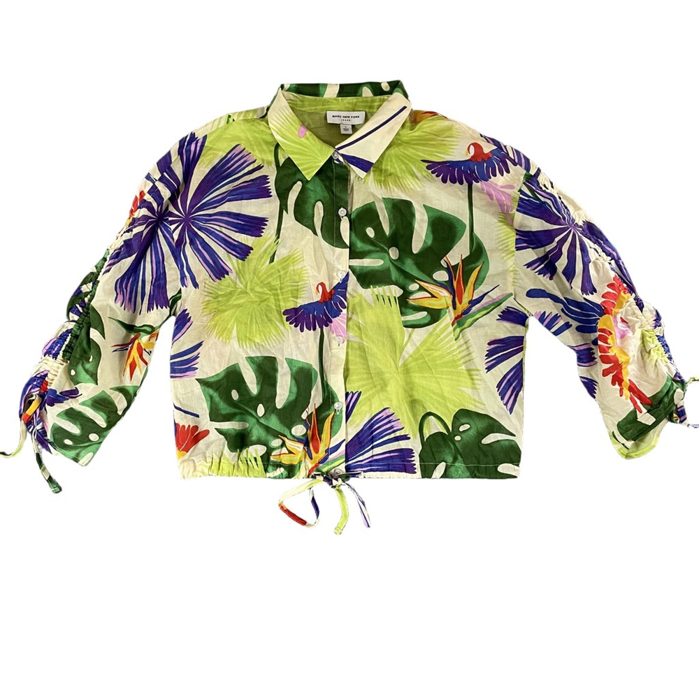 Marc New York Jeans Tropical Monstera Shirt Women Large Green Floral Cropped Top